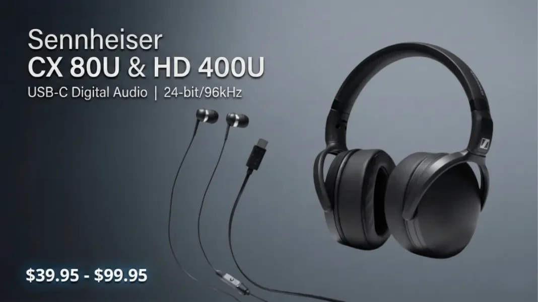 Sennheiser CX 80U earbuds and HD 400U headphones with USB-C, 24-bit/96kHz audio, priced at $39.95 and $99.95