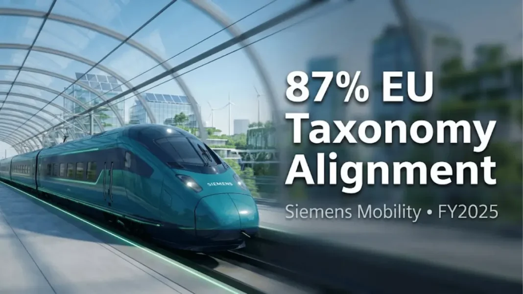 Siemens Mobility high-speed train with 87% EU Taxonomy alignment achievement overlay for fiscal year 2025 sustainability performance