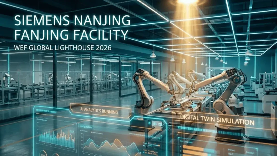Siemens Nanjing AI-powered smart factory with robotic automation and digital twin displays, recognized as WEF Global Lighthouse Factory in January 2026