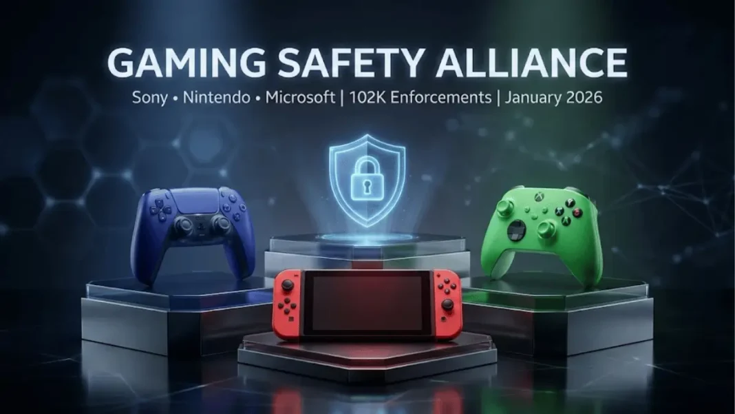 Sony, Nintendo, and Microsoft gaming controllers unified around digital shield symbol representing cross-platform player safety framework with 102K enforcement actions in 2024