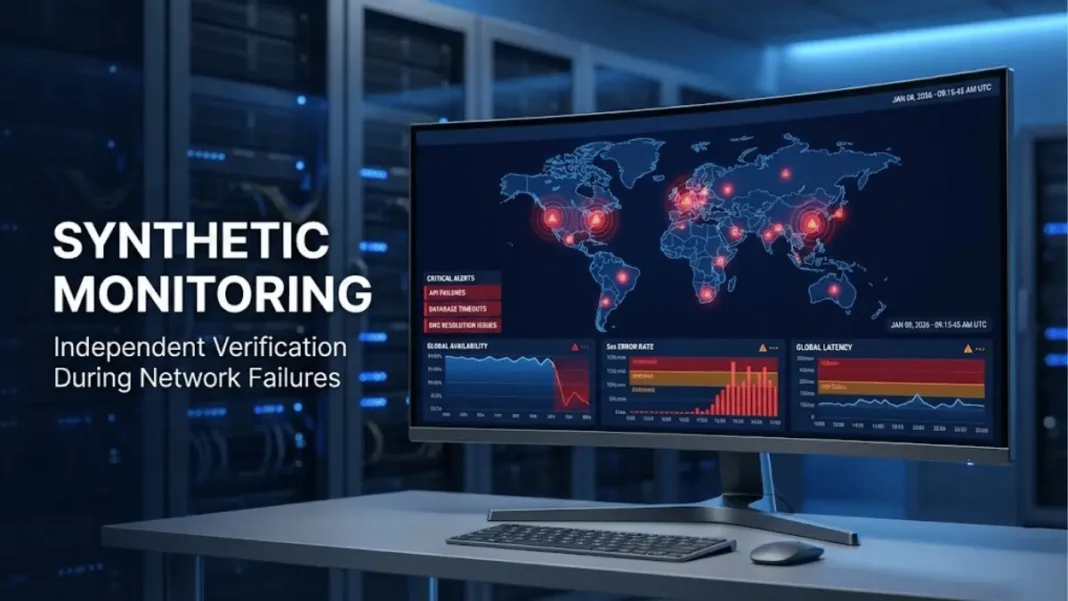 Synthetic monitoring dashboard displaying global network status alerts during CDN outage with red error indicators across multiple regions