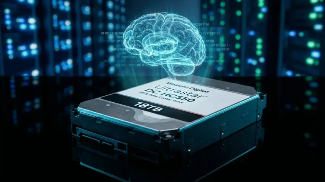 Western Digital enterprise hard disk drive with blue LED indicators in modern data center with server racks and holographic AI visualization overlay