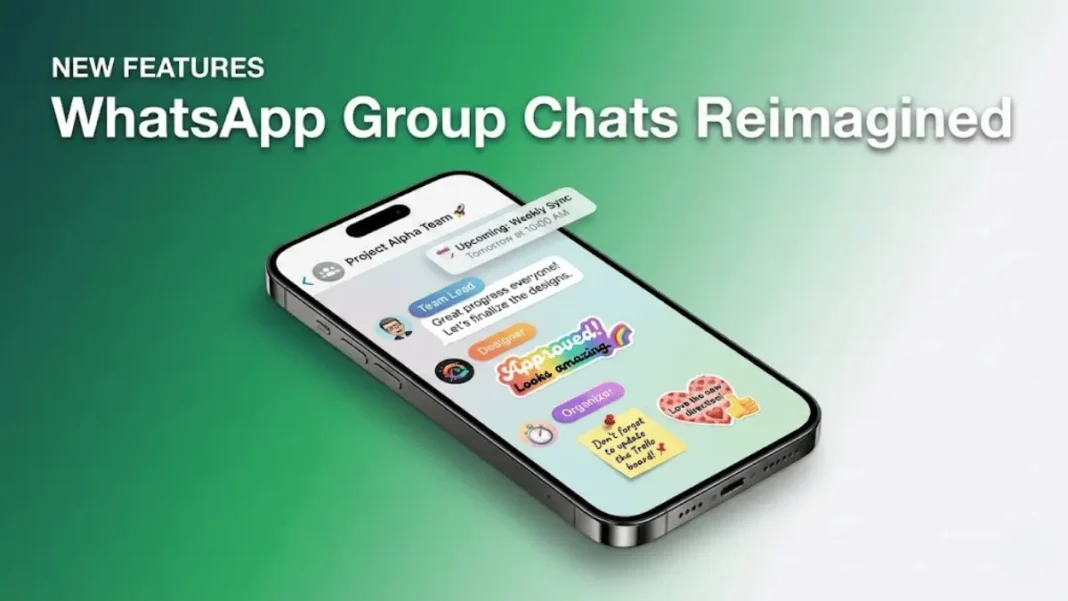 WhatsApp group chat interface displaying new member tags, colorful text stickers, and event reminder features on smartphone screen