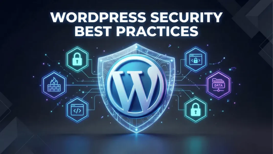 WordPress security best practices 2026 guide featuring 3D WordPress logo with shield, security icons, and firewall elements on dark tech background - AdwaitX comprehensive tutorial