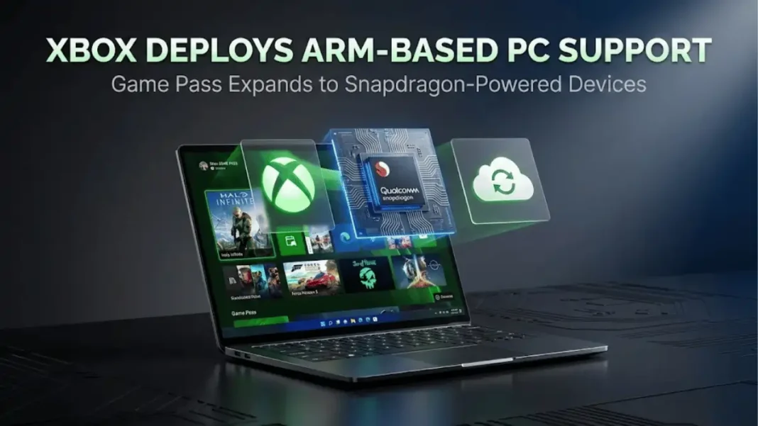 Modern Arm-based Windows laptop displaying Xbox Game Pass interface with holographic Xbox logo and Snapdragon processor chip