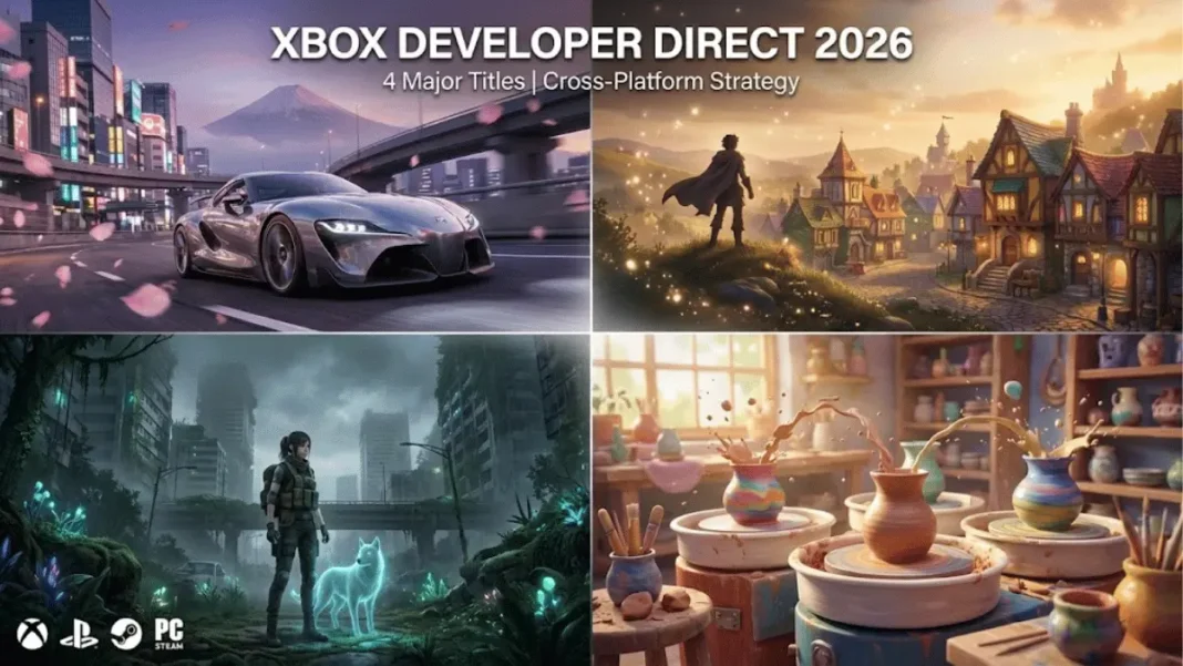 Xbox Developer Direct 2026 showcasing Forza Horizon 6, Fable, Beast of Reincarnation, and Kiln in cinematic split-screen composition with Xbox and PlayStation 5 logos