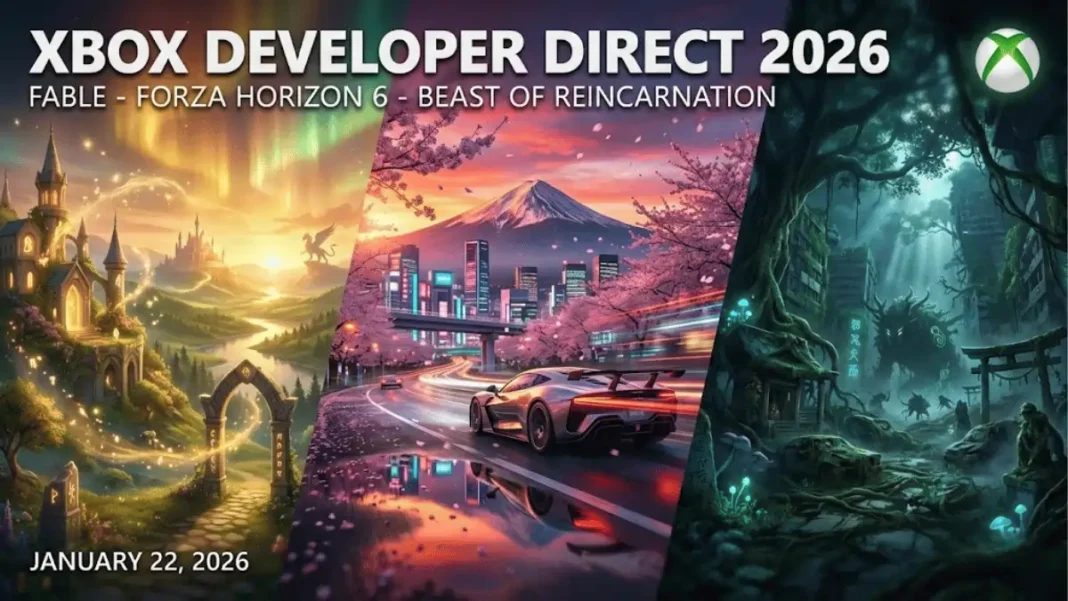Xbox Developer Direct 2026 hero image featuring Fable fantasy landscape, Forza Horizon 6 Japan racing scene with Mount Fuji, and Beast of Reincarnation post-apocalyptic environment, scheduled for January 22, 2026