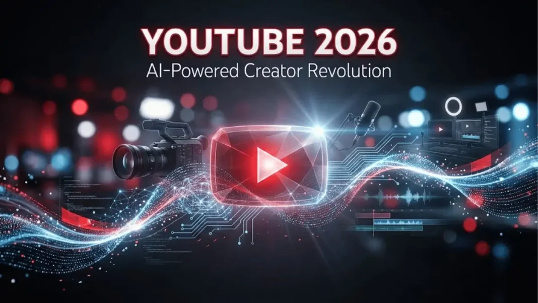 YouTube 2026 AI roadmap announcement featuring holographic logo with neural network particles and text YouTube 2026 AI-Powered Creator Revolution on dark premium background