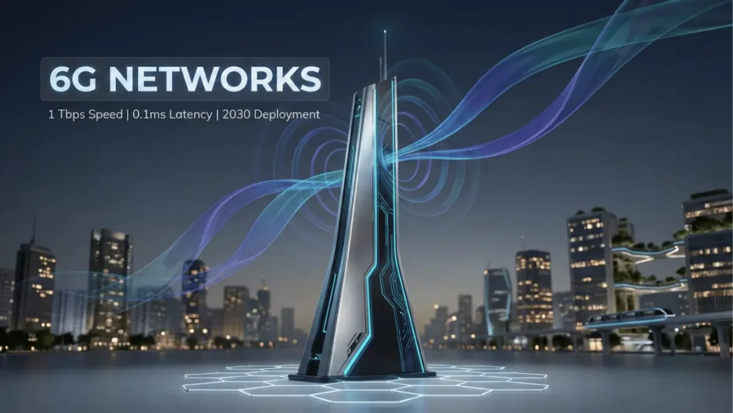 6G network infrastructure showcasing terahertz frequency transmission towers with AI-powered connectivity nodes in 2026