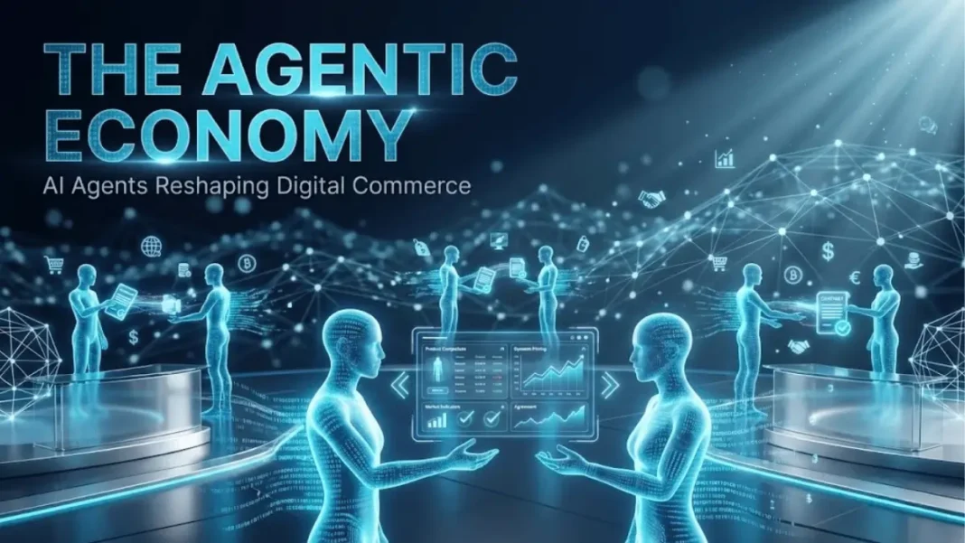 Digital illustration showing AI agents interacting in open marketplace environment, representing agentic economy with autonomous shopping and negotiation in 2026