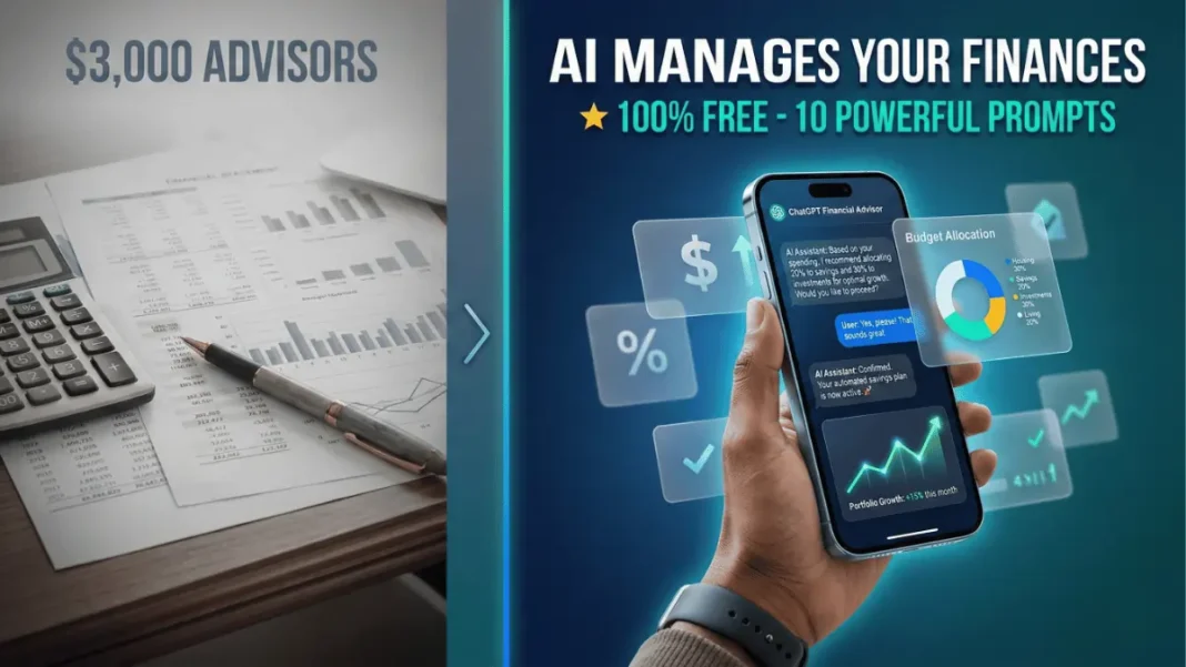 Person using smartphone with AI chatbot interface displaying budget analysis, investment recommendations, and financial planning tools in 2026