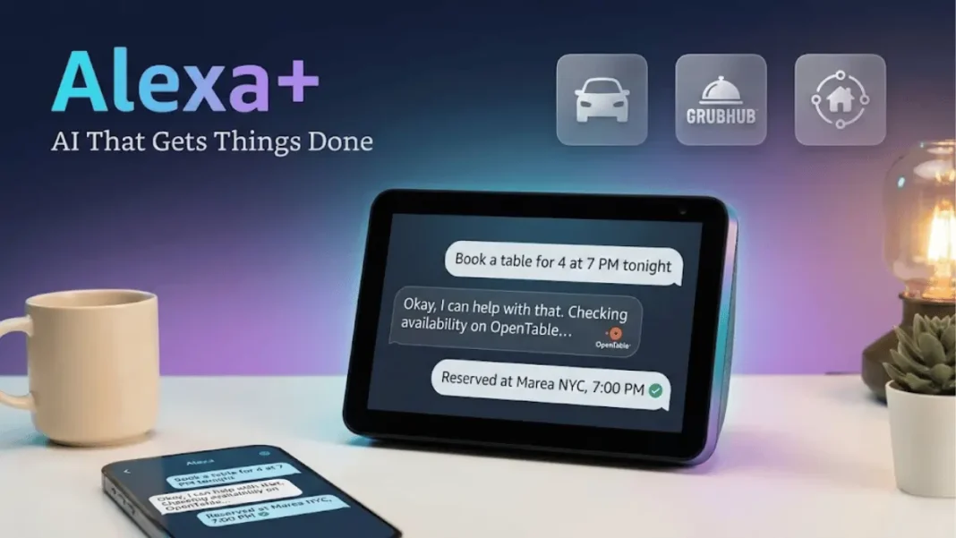 Amazon Alexa Plus AI assistant interface displayed on Echo Show device with conversational chat bubbles and smart home controls in 2026