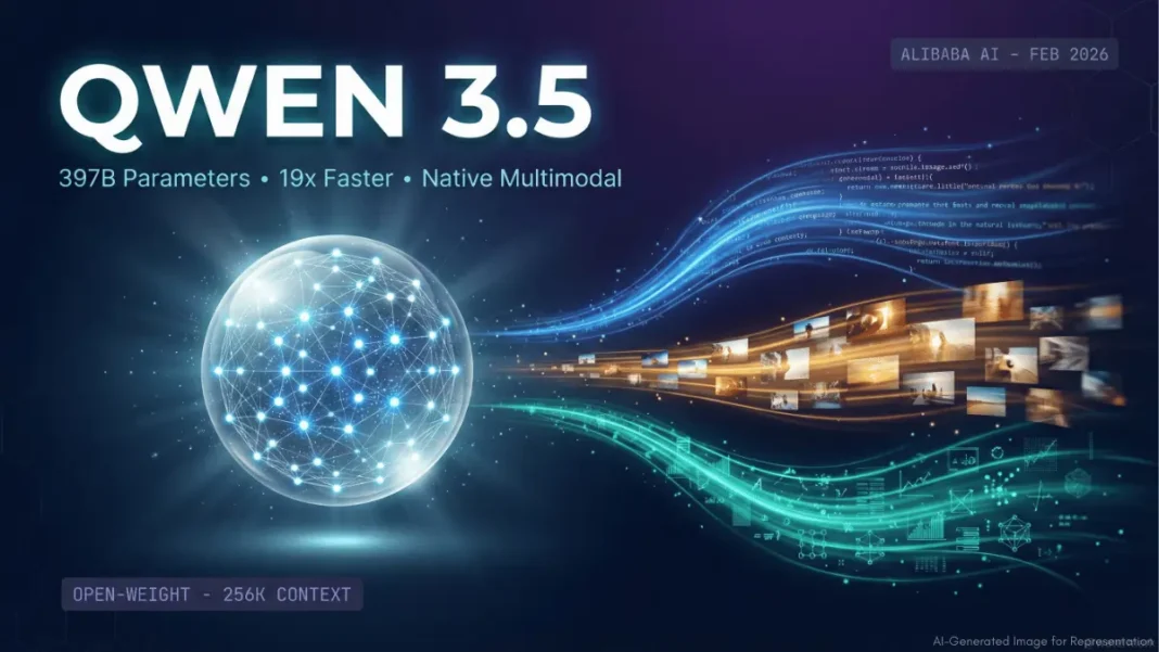 Alibaba Qwen 3.5 AI model interface displaying multimodal processing of text, images, and video with autonomous agent capabilities in 2026