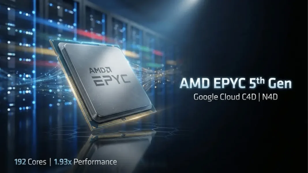 AMD EPYC 5th Gen server processors powering Google Cloud C4D and N4D virtual machine instances with Zen 5 architecture in 2026