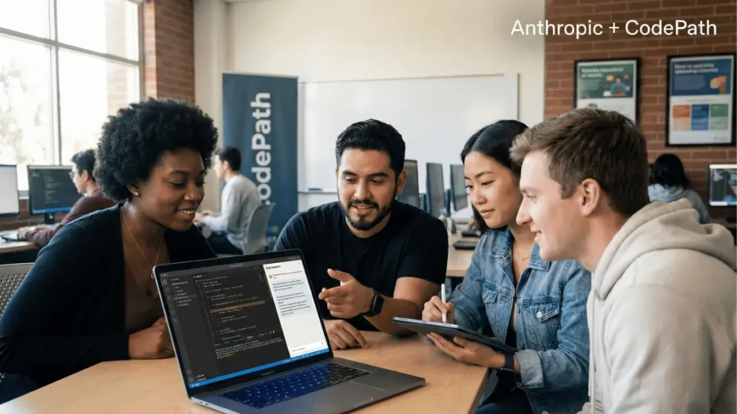 Diverse community college students using Claude AI and Claude Code for software development projects in computer science classroom 2026