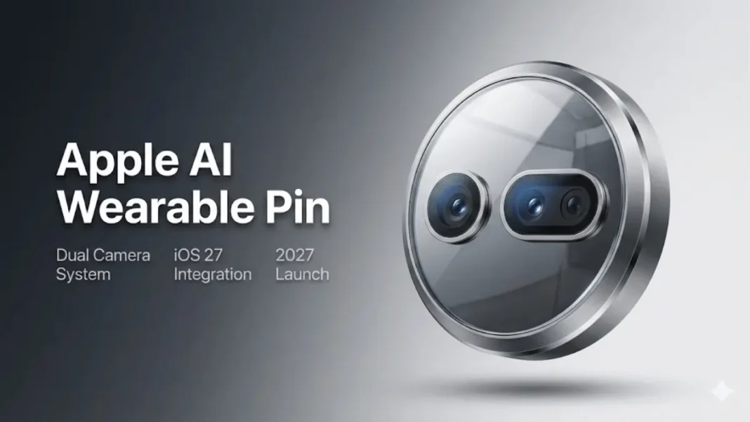 Apple AI wearable pin with dual camera system displayed in studio lighting against gradient background with product specifications