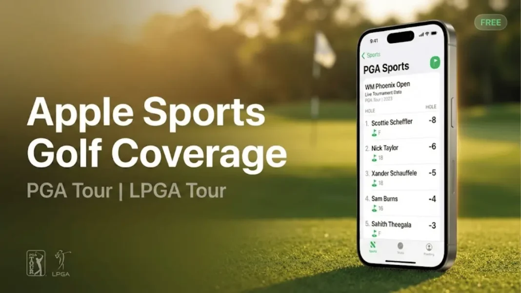 Apple Sports app displaying live PGA Tour leaderboard with hole-by-hole scoring and player tracking on iPhone in 2026