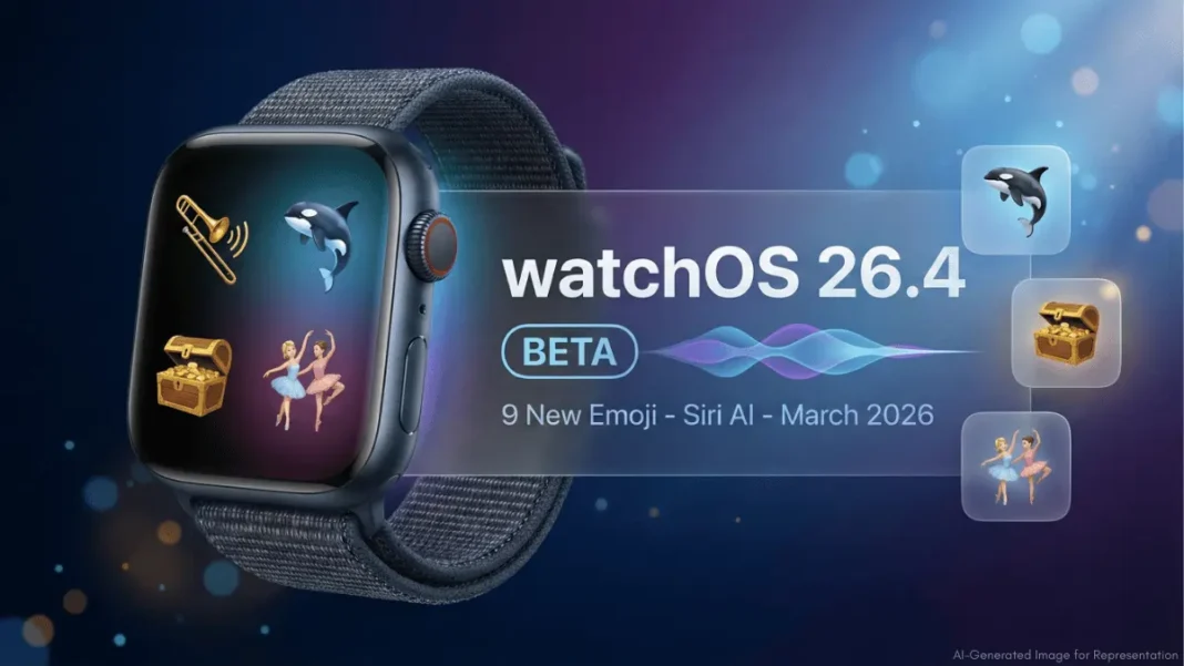 Apple Watch displaying watchOS 26.4 beta software with new emoji characters and Siri interface updates in February 2026