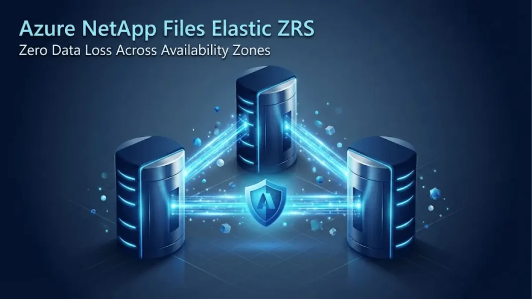 Azure NetApp Files Elastic zone-redundant storage architecture diagram showing synchronous replication across three availability zones with automatic failover in 2026