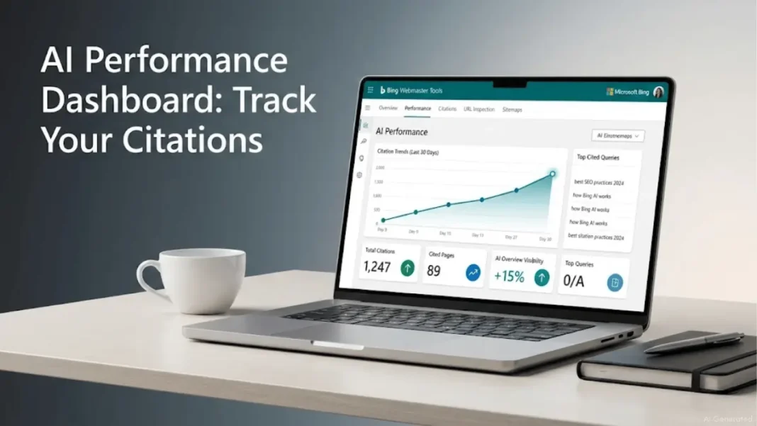 Bing Webmaster Tools AI Performance dashboard displaying citation metrics, grounding queries, and visibility trends for publishers in 2026