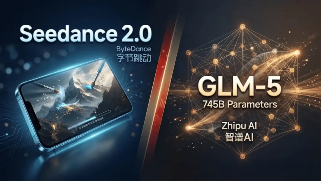 ByteDance Seedance 2.0 AI video generation interface displaying cinematic footage alongside Zhipu GLM-5 benchmark results in February 2026