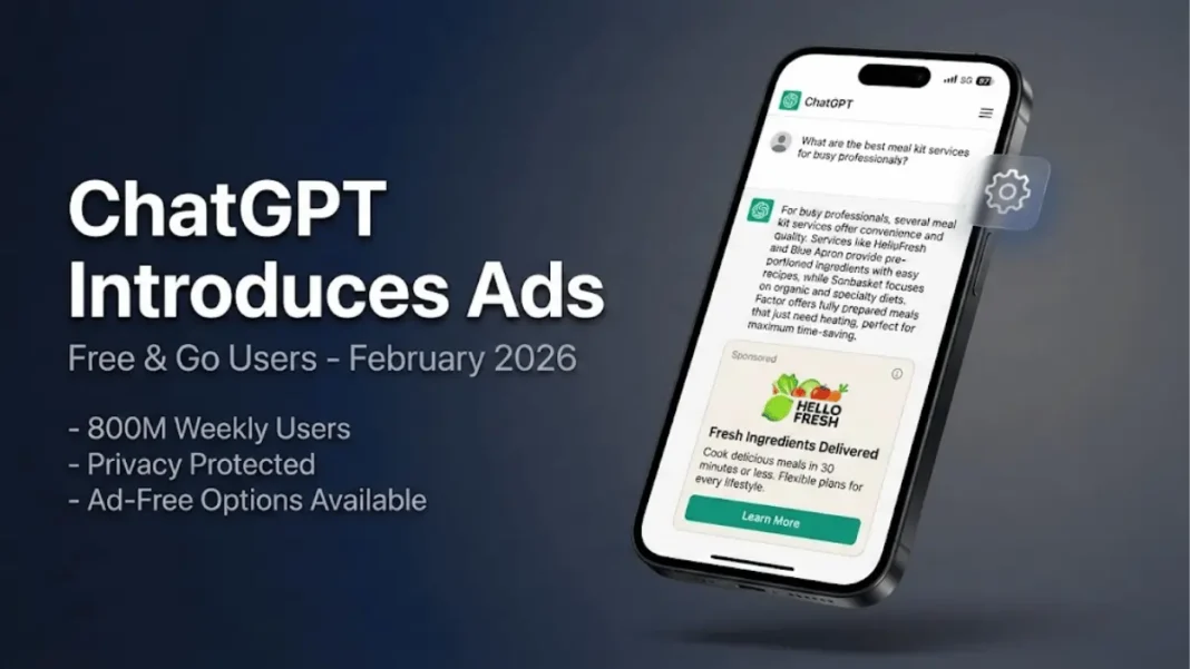 ChatGPT mobile interface displaying sponsored meal kit advertisement below AI response with privacy controls and settings visible in February 2026