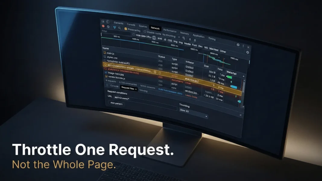 Chrome DevTools Network panel showing individual request throttling with Request conditions drawer and gold clock icon on throttled resource