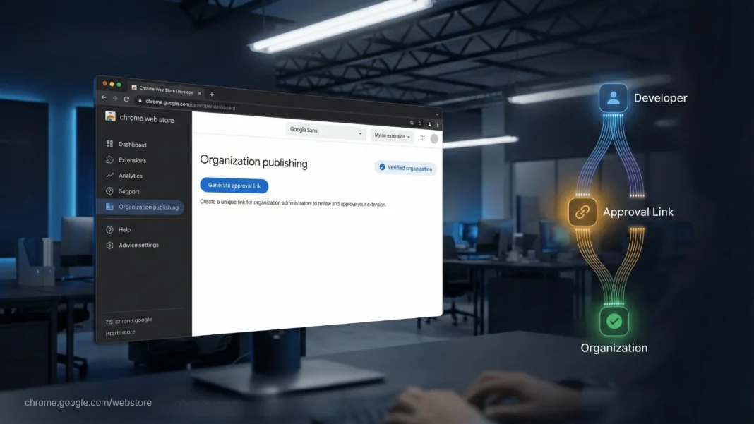 IT administrator reviewing Chrome Web Store enterprise publishing settings on a laptop in a modern office in 2026