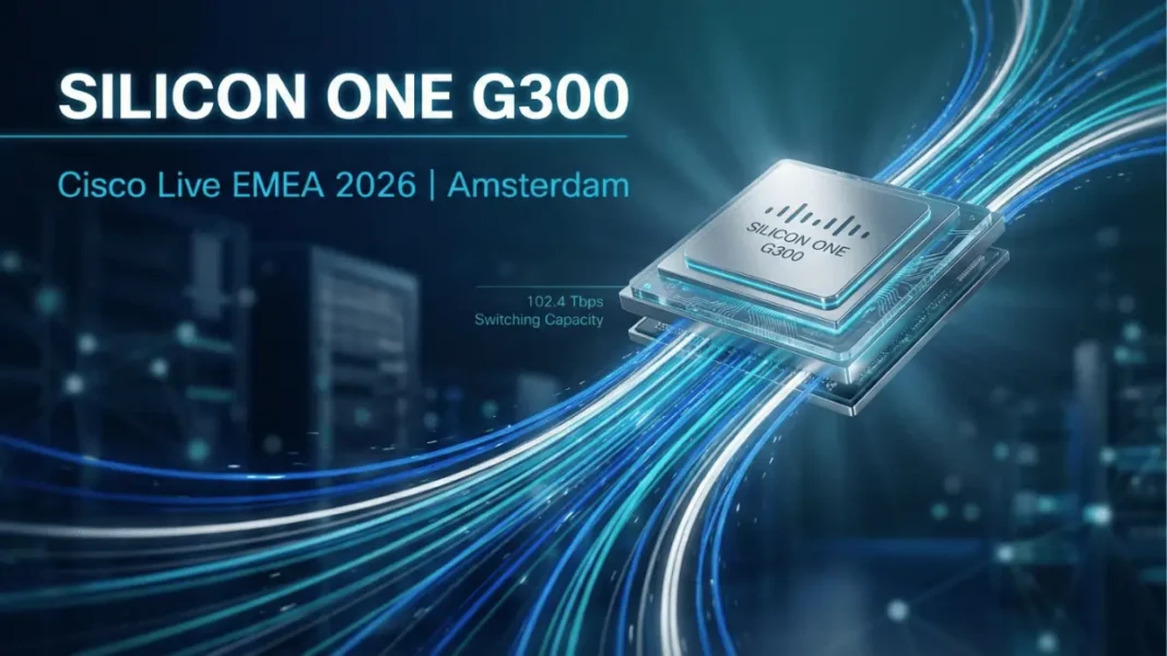 Cisco Silicon One G300 chip showcasing 102.4Tbps switching capacity for AI data center infrastructure at Cisco Live EMEA 2026