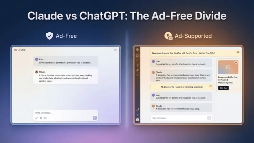 Claude AI interface displaying clean conversation workspace without advertisements, representing Anthropic's commitment to ad-free experience in 2026