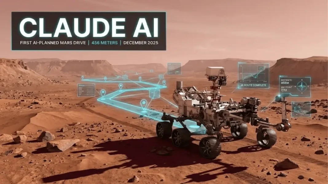 NASA Perseverance rover navigating Martian terrain using Claude AI-planned waypoints in Jezero Crater, December 2025