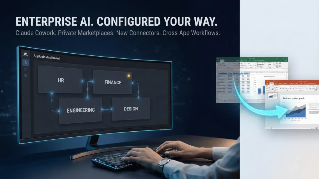 Claude Cowork enterprise dashboard showing plugin marketplace and cross-app AI workflow between Excel and PowerPoint in 2026