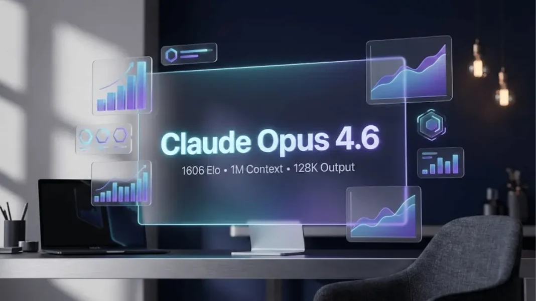 Claude Opus 4.6 AI model displaying coding interface with benchmark performance charts showing superior results over competing models in 2026