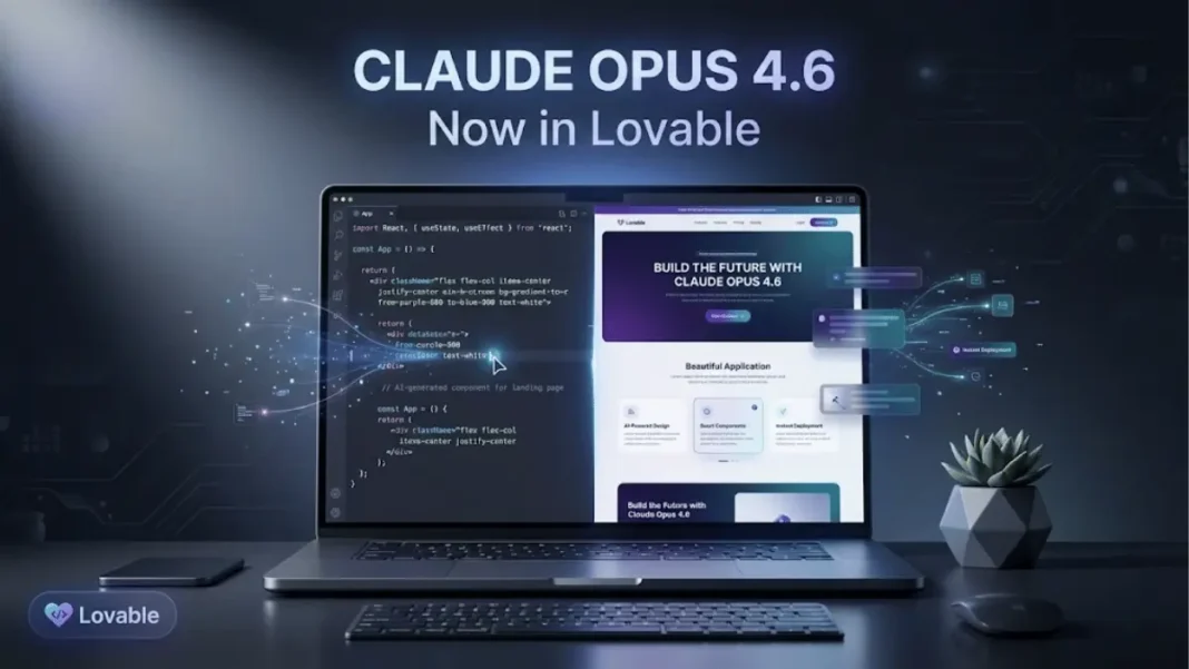 Lovable AI app builder interface showcasing Claude Opus 4.6 model generating design-forward web applications with visual code editor in 2026