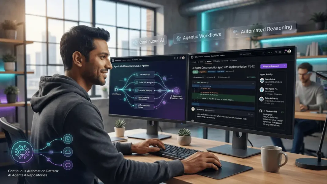 Developer reviewing AI-generated pull requests from GitHub Continuous AI agentic workflow automation system in 2026
