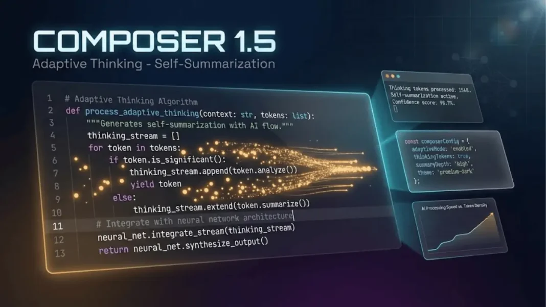 Cursor Composer 1.5 interface displaying adaptive thinking tokens and self-summarization capabilities in AI code editor 2026