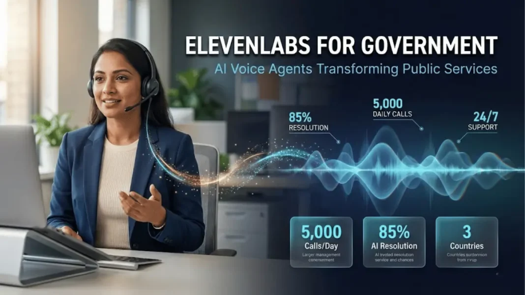 ElevenLabs AI voice agent interface showing multilingual government chatbot responding to citizen inquiries in real-time across voice and digital channels