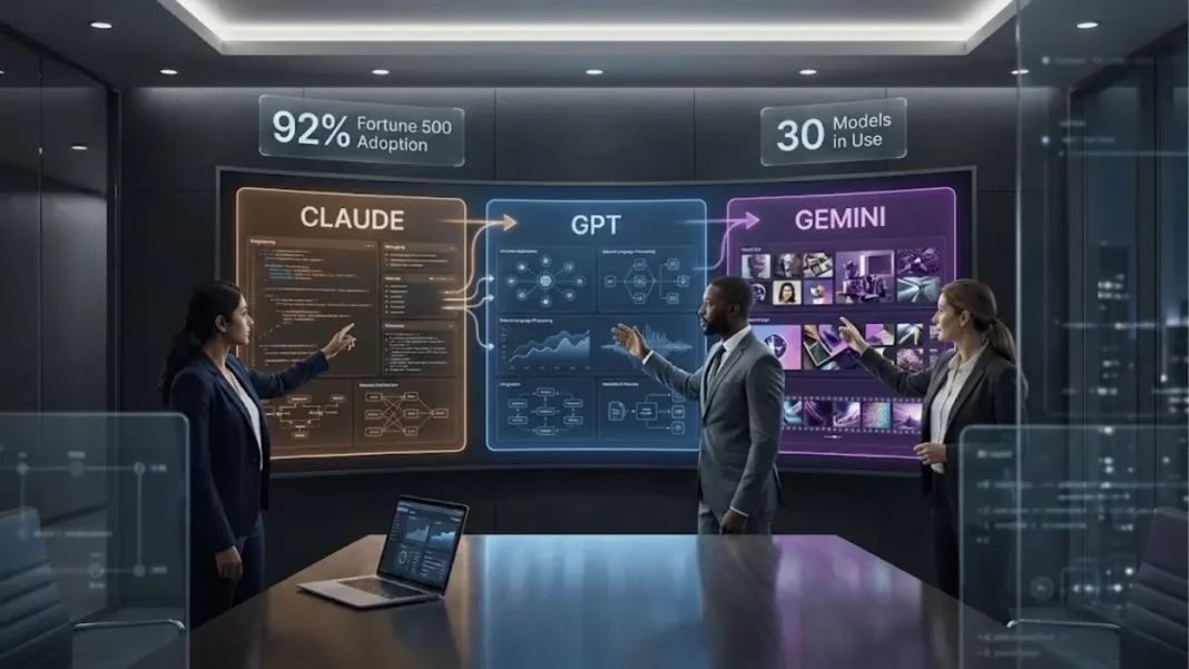 Enterprise team analyzing multiple AI model performance dashboards showing Claude GPT and Gemini usage distribution across departments