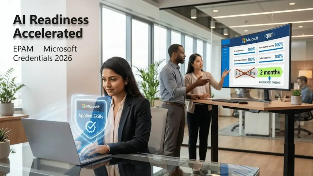 EPAM engineers completing Microsoft Applied Skills AI training programs on laptops showing credential badges and certification progress in 2026