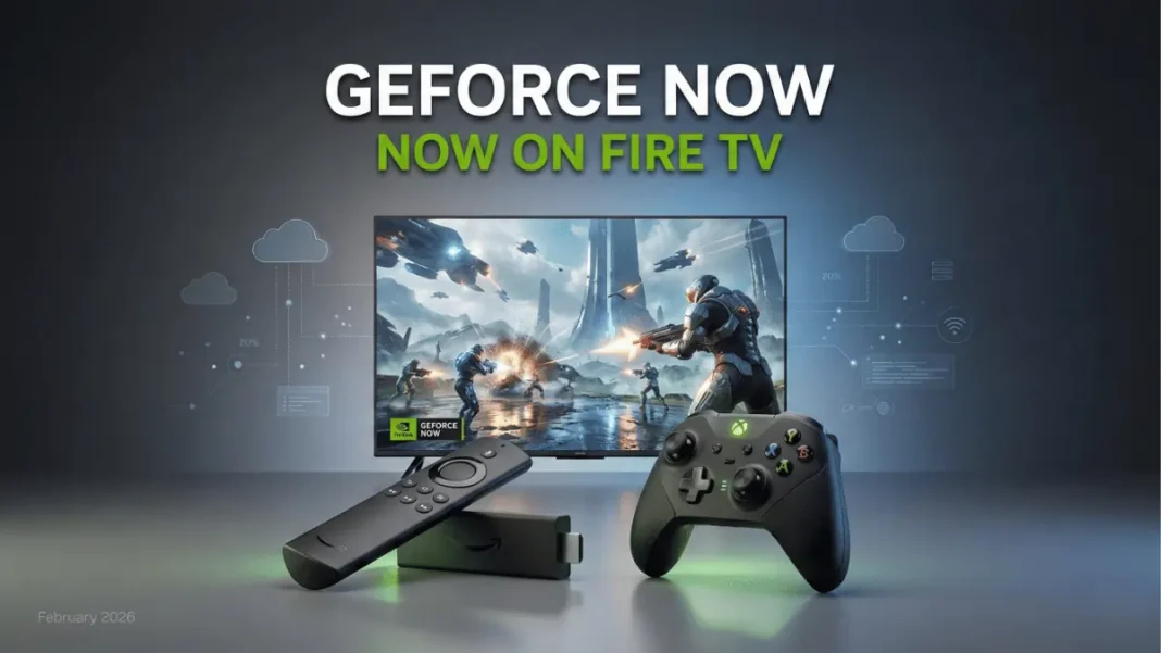 Amazon Fire TV Stick 4K Max streaming GeForce NOW cloud gaming service with NVIDIA RTX graphics on television screen