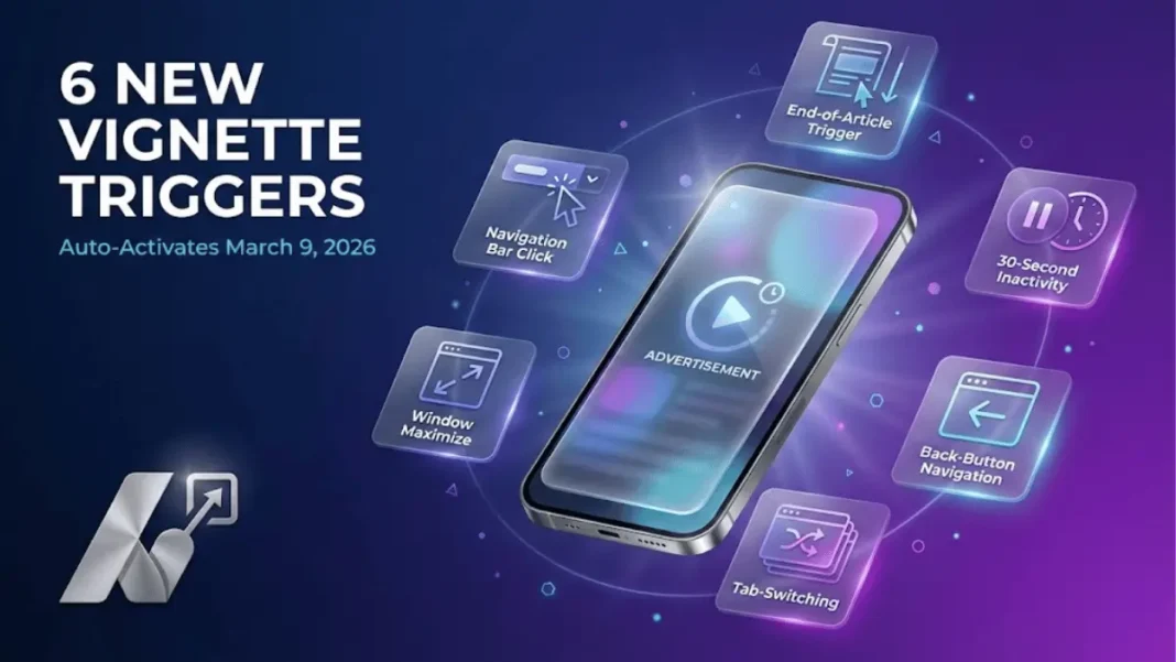 Google AdSense dashboard displaying new vignette ad trigger settings with additional triggers control toggle in Auto ads interface