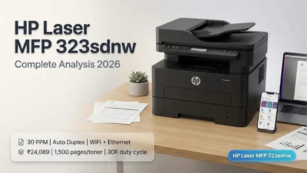 HP Laser MFP 323sdnw multifunction laser printer on modern office desk with laptop and smartphone showing wireless connectivity and specifications overlay