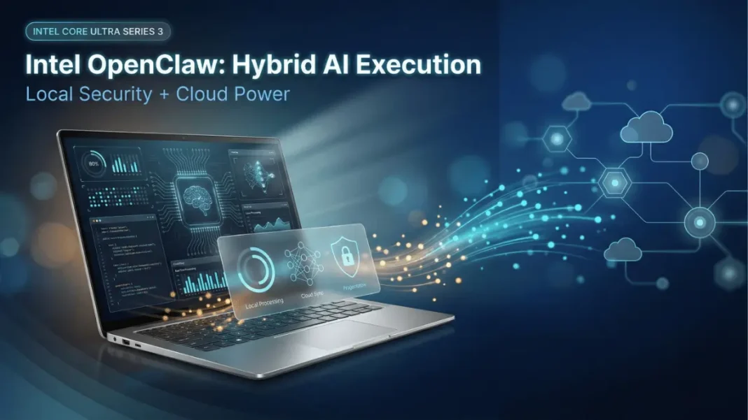 Intel AI PC running OpenClaw autonomous agent with hybrid cloud-local processing architecture displaying privacy controls in 2026