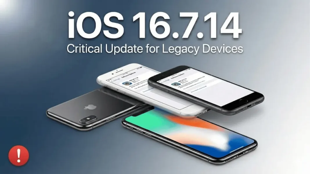 iPhone 8 and iPhone X displaying iOS 16.7.14 software update screen with emergency call fix and build 20H370 in February 2026