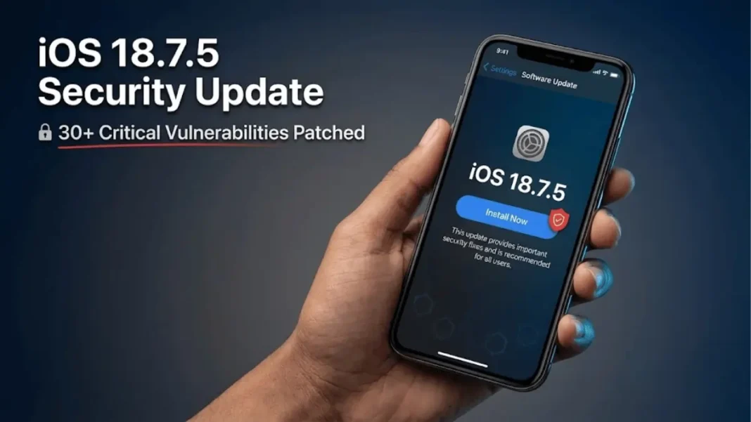 iPhone XS displaying iOS 18.7.5 security update installation screen with Apple security patch notification and critical vulnerability fixes