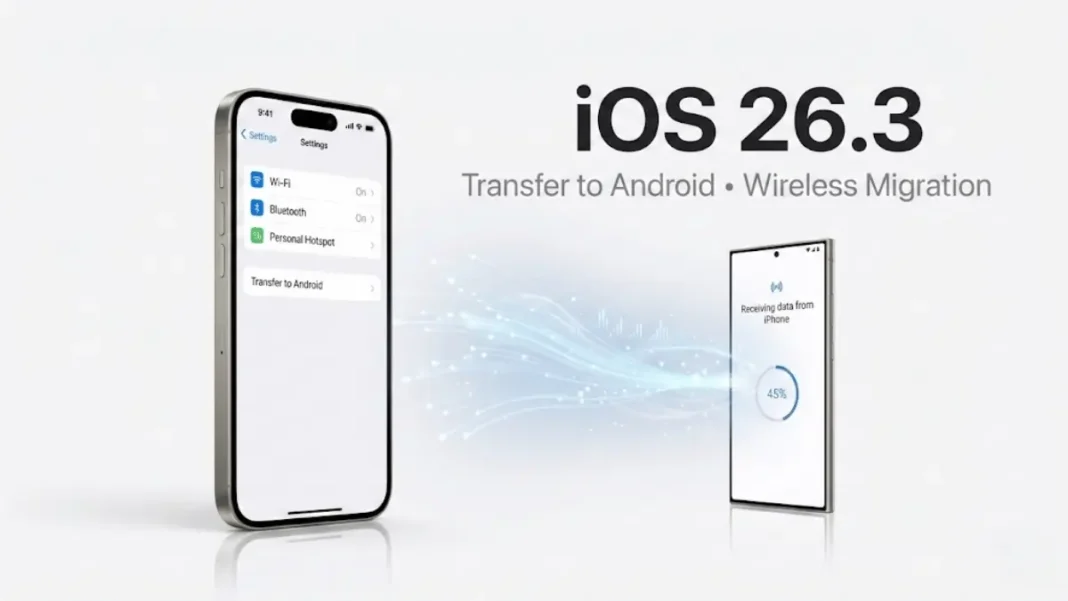 iPhone displaying iOS 26.3 Transfer to Android migration tool with wireless data transfer interface in Settings app 2026