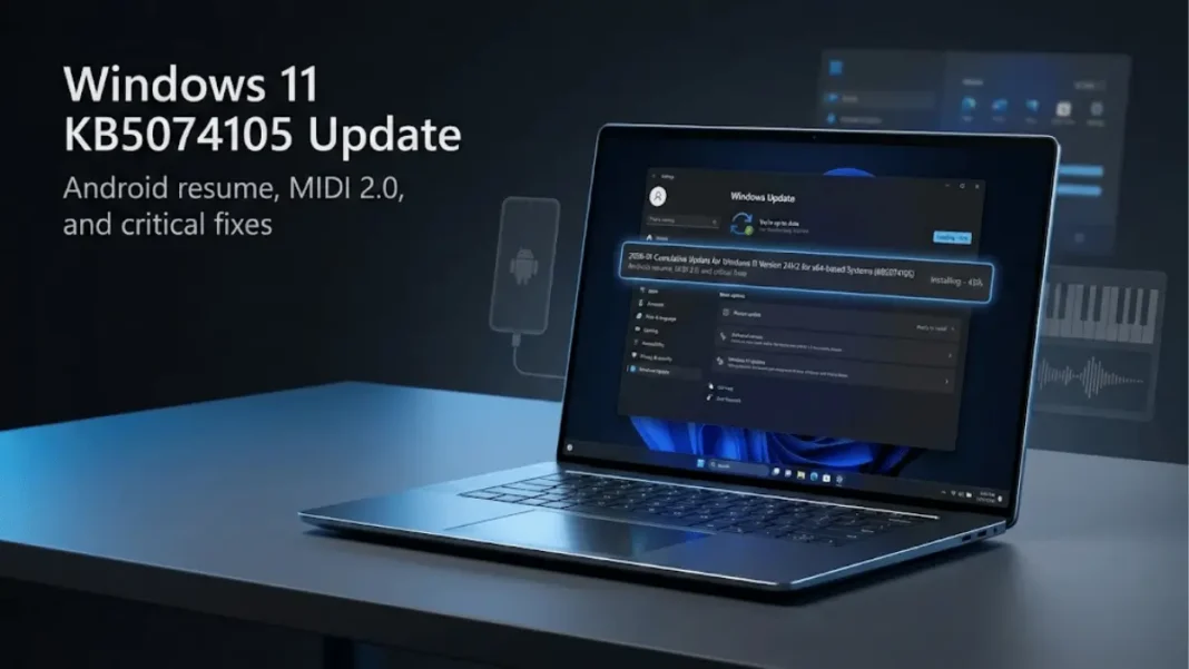 Windows 11 Settings screen displaying KB5074105 update installation with build number 26200.7705 and new Android Cross Device Resume feature