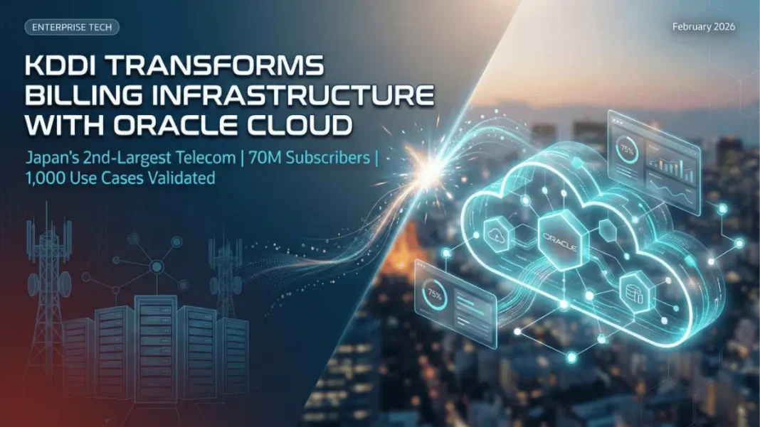 KDDI Corporation headquarters building with Oracle Cloud Infrastructure digital overlay representing telecommunications billing transformation in Japan 2026