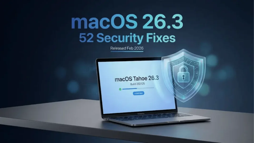 macOS Tahoe 26.3 update screen showing build 25D125 installation progress on MacBook with security shield icon overlay 2026