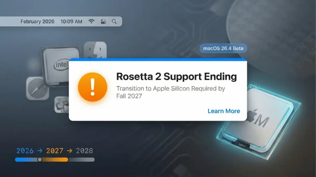 macOS Tahoe 26.4 displaying Rosetta 2 discontinuation notification on MacBook Pro with Apple silicon processor in 2026